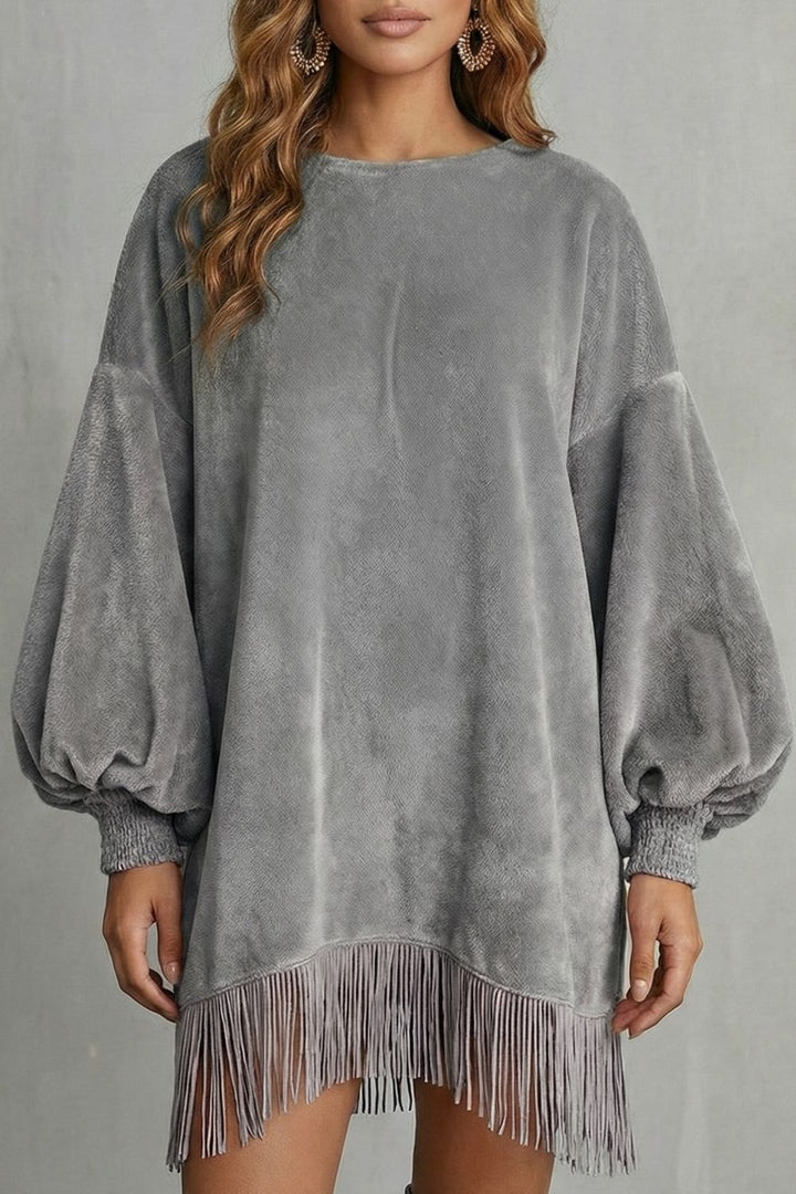 BELLURIE | VOLUMINOUS SLEEVES – FRINGE MINI DRESS