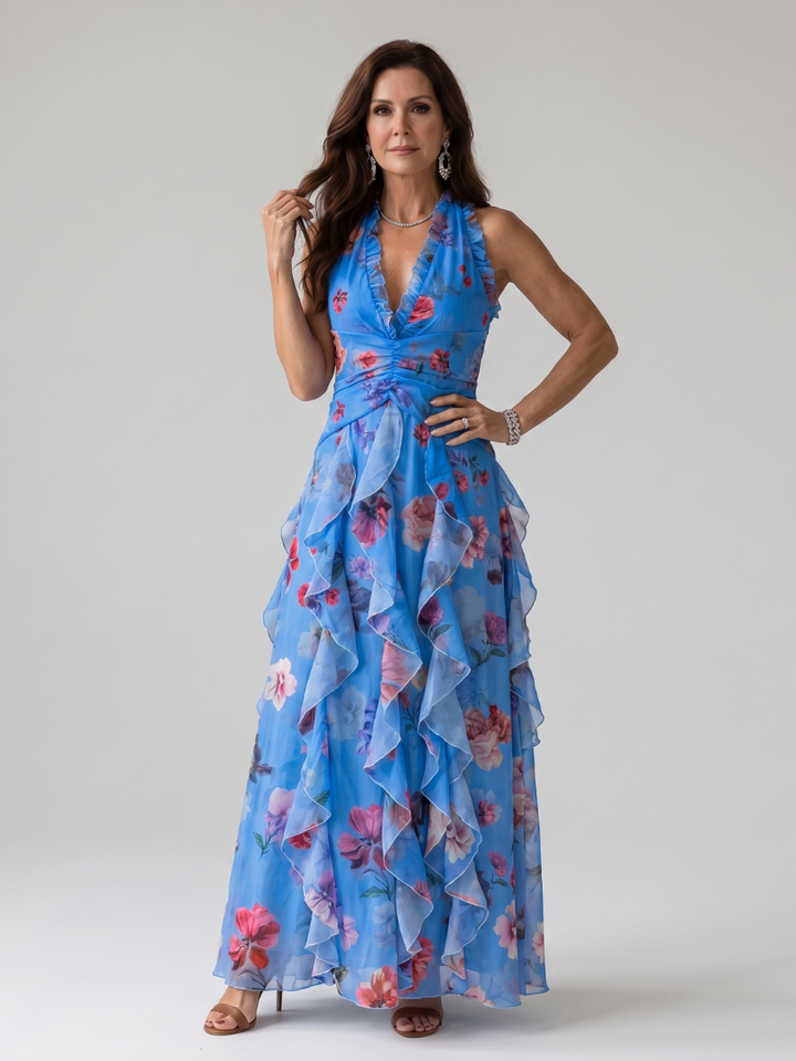 NORI | HALTER NECK RUCHED BODICE FLORAL MAXI DRESS