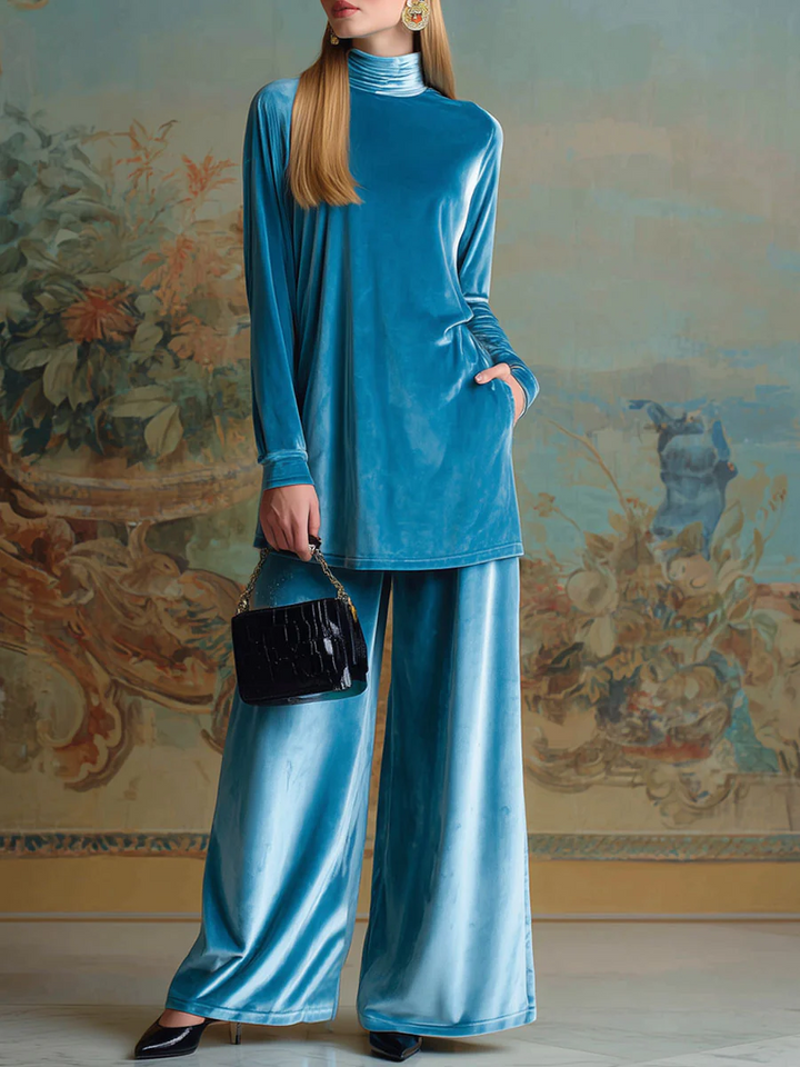 SAPPHIRE | HIGH-NECK BLUE VELVET LOOSE CASUAL SET