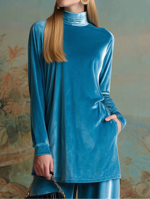 SAPPHIRE | HIGH-NECK BLUE VELVET LOOSE CASUAL SET