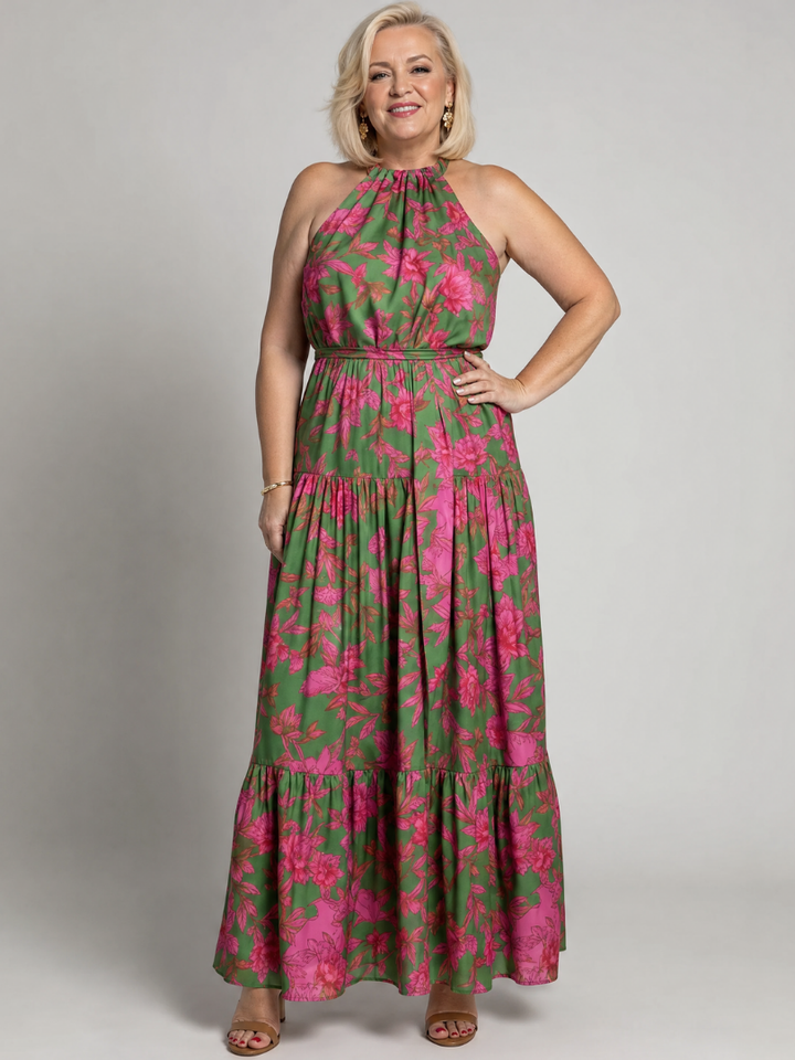 ROWEN | DRAPED HALTER MIDI DRESS