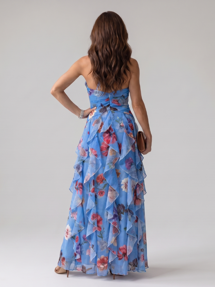 NORI | HALTER NECK RUCHED BODICE FLORAL MAXI DRESS