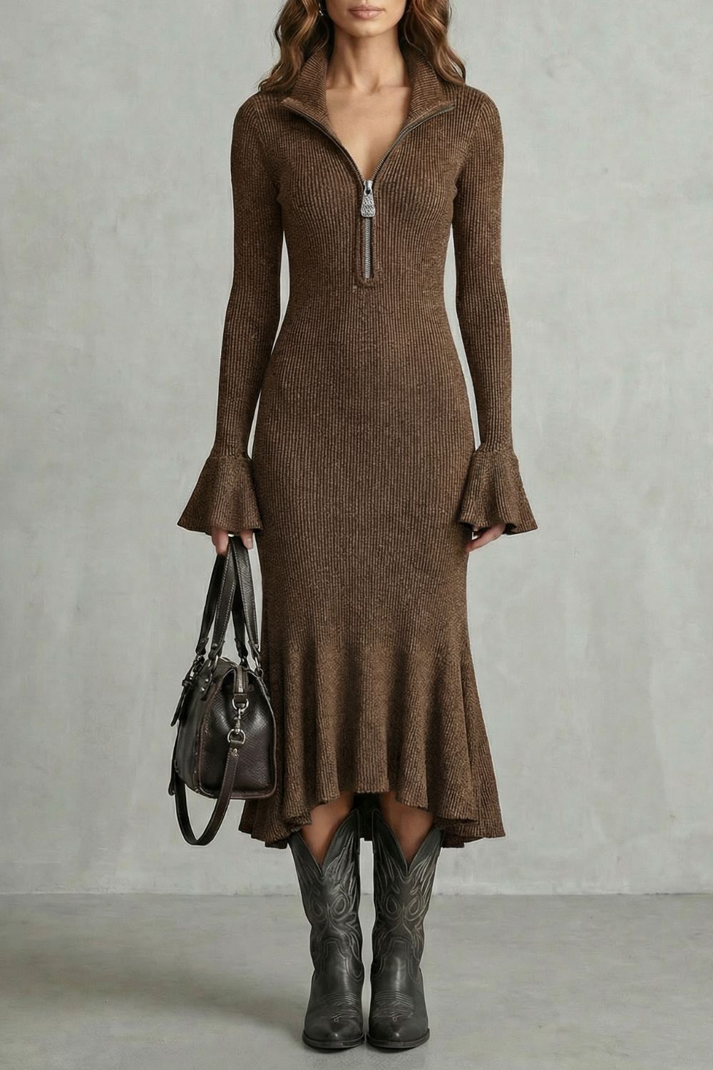 VELORIA | FLARED CUFF ELEGANCE – ZIP MIDI DRESS