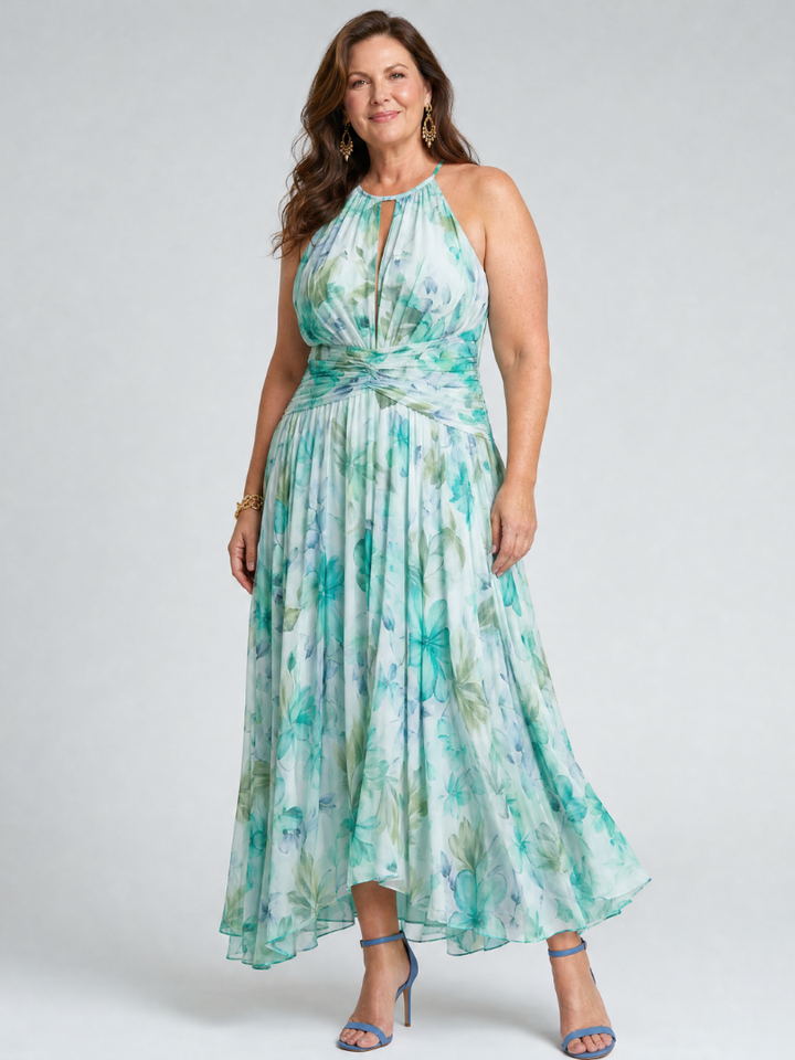 PORTIA | PLEATED HALTER SOFT FLORAL PATTERN MIDI DRESS