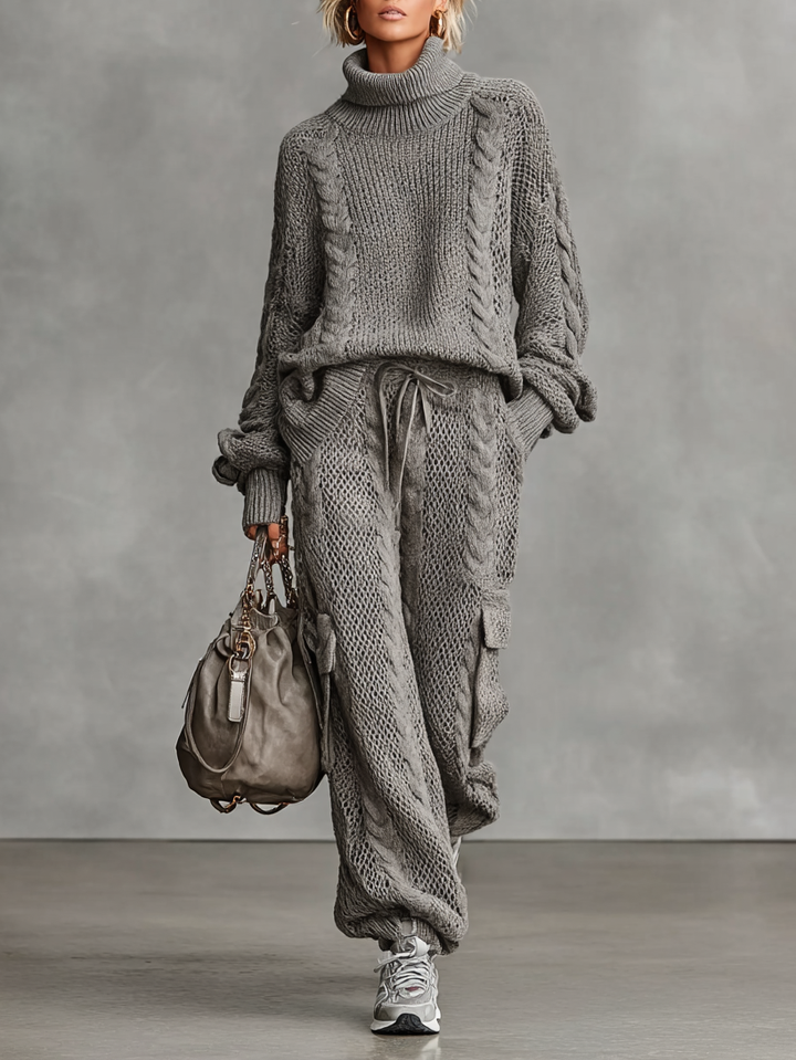 SOPHIE | CASUAL CABLE KNIT TURTLENECK SWEATER AND CARGO PANTS SET