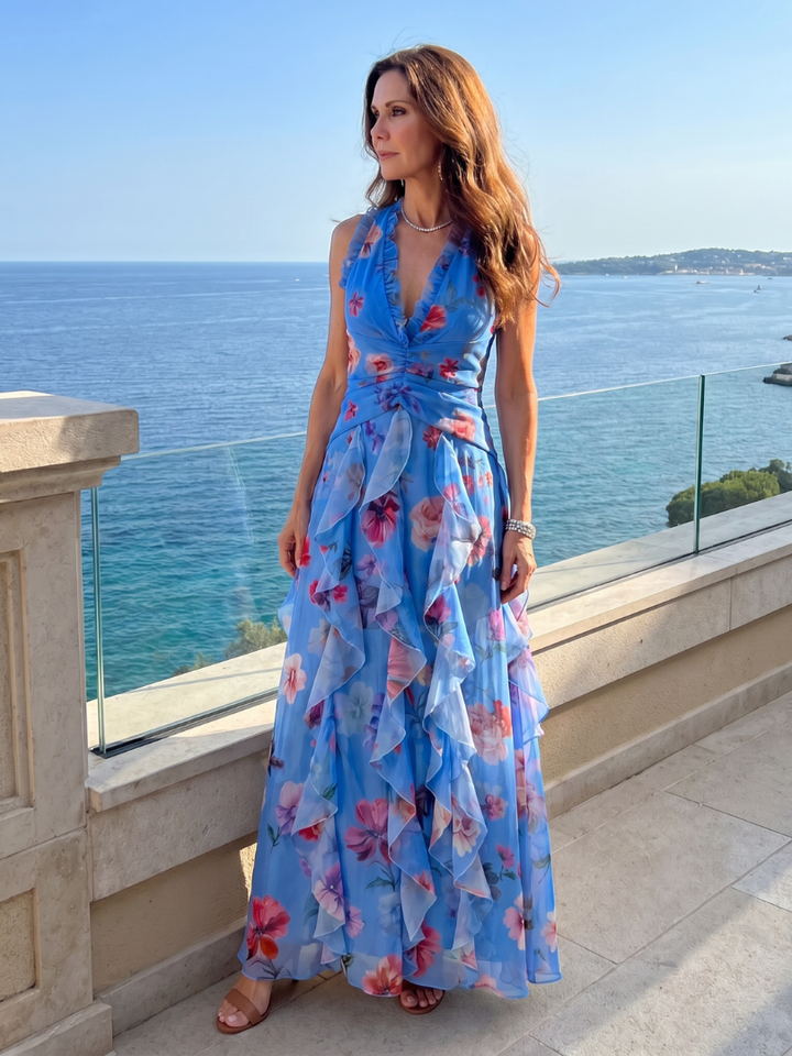 NORI | HALTER NECK RUCHED BODICE FLORAL MAXI DRESS
