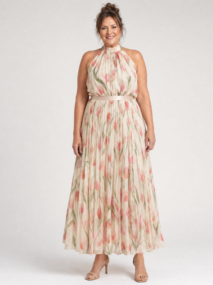 AURELLE | HALTER NECK FLORAL MIDI DRESS