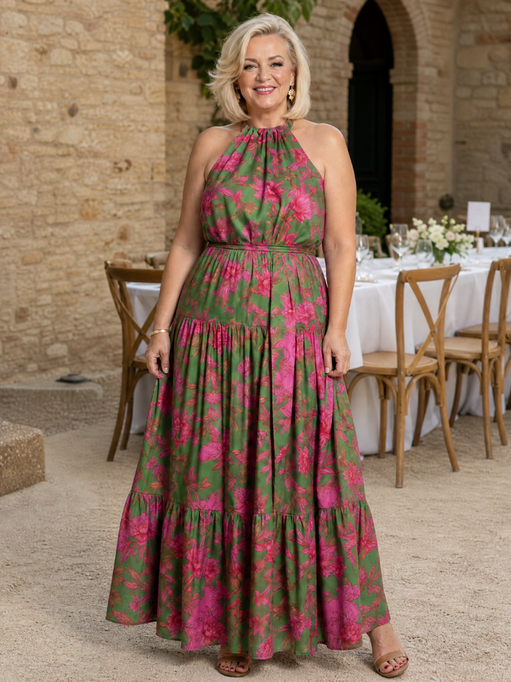 ROWEN | DRAPED HALTER MIDI DRESS