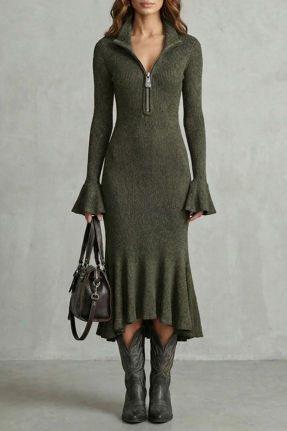 VELORIA | FLARED CUFF ELEGANCE – ZIP MIDI DRESS