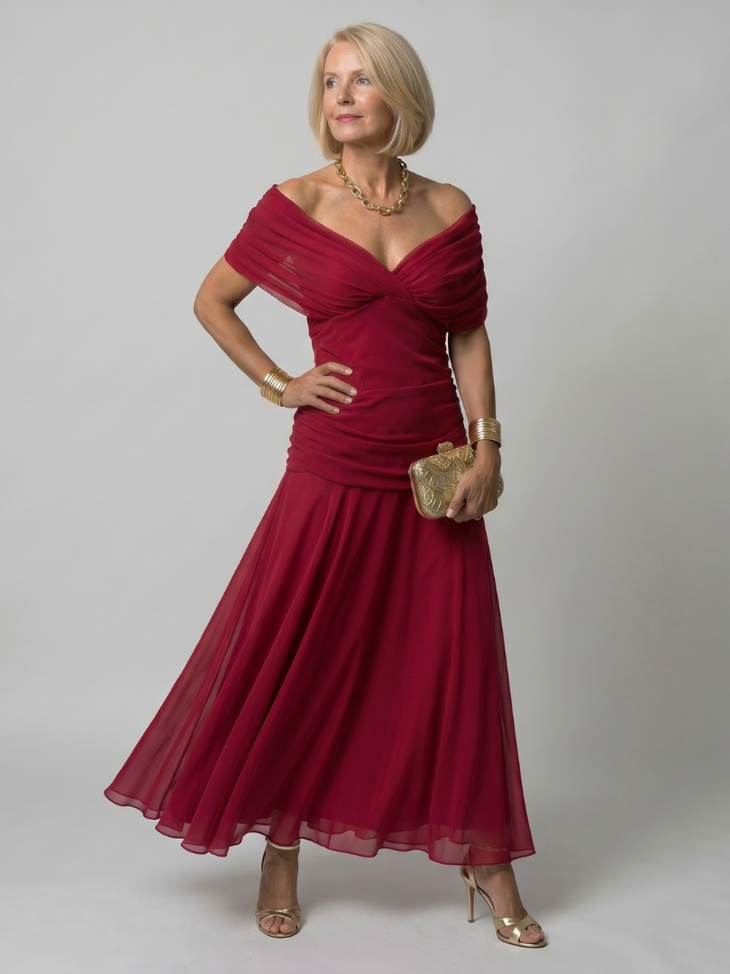 CALEN | OFF SHOULDER FLOW MIDI DRESS