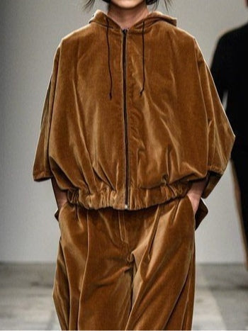 MILLIE | BROWN VELVET ZIP UP HOODED SWEATSHIRT AND TROUSERS SET