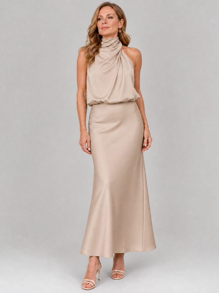 NOPAL | SLEEVELESS DRAPED NECK MIDI DRESS