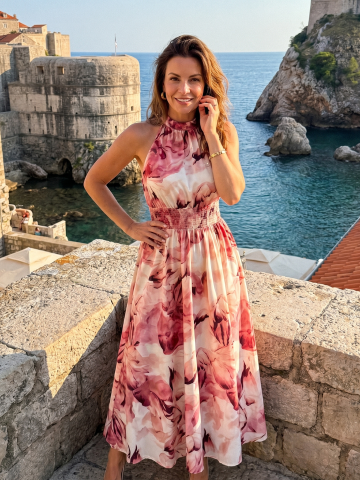 OLIVIA | GATHERED WAIST ABSTRACT PRINT MIDI DRESS