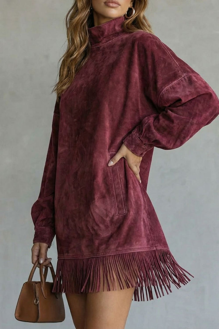 VIRETTA | SUEDE FRINGE DETAIL – TURTLENECK MINI DRESS