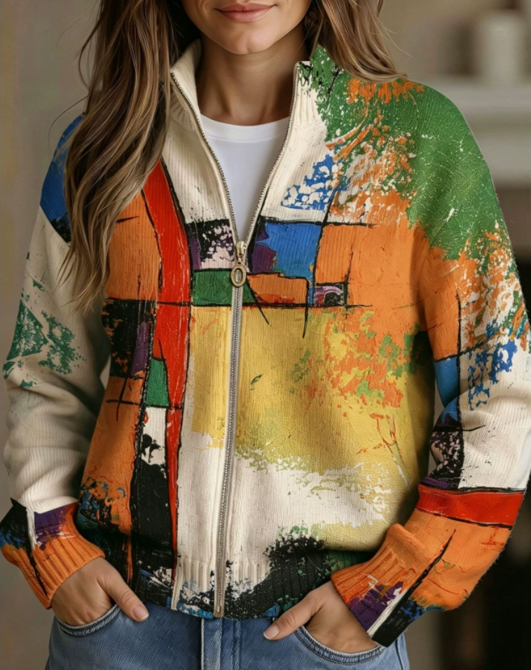 SERAPHINE | PAINTED ABSTRACT ZIP CARDIGAN