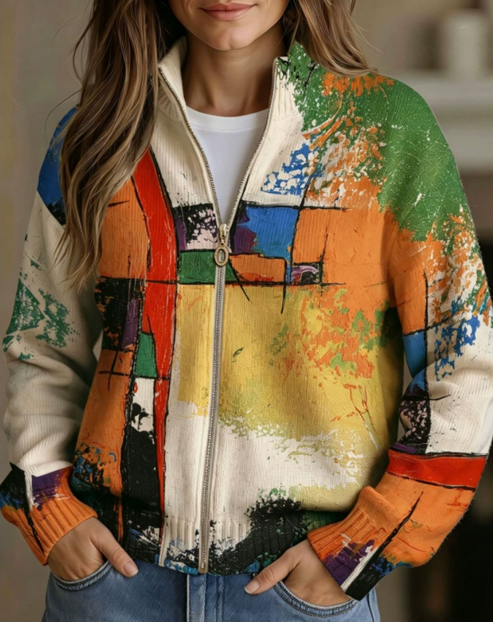 SERAPHINE | PAINTED ABSTRACT ZIP CARDIGAN