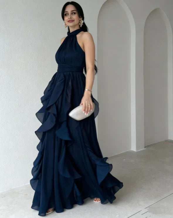 OREA | HIGH NECK GATHERED RUFFLE LAYERS MAXI DRESS