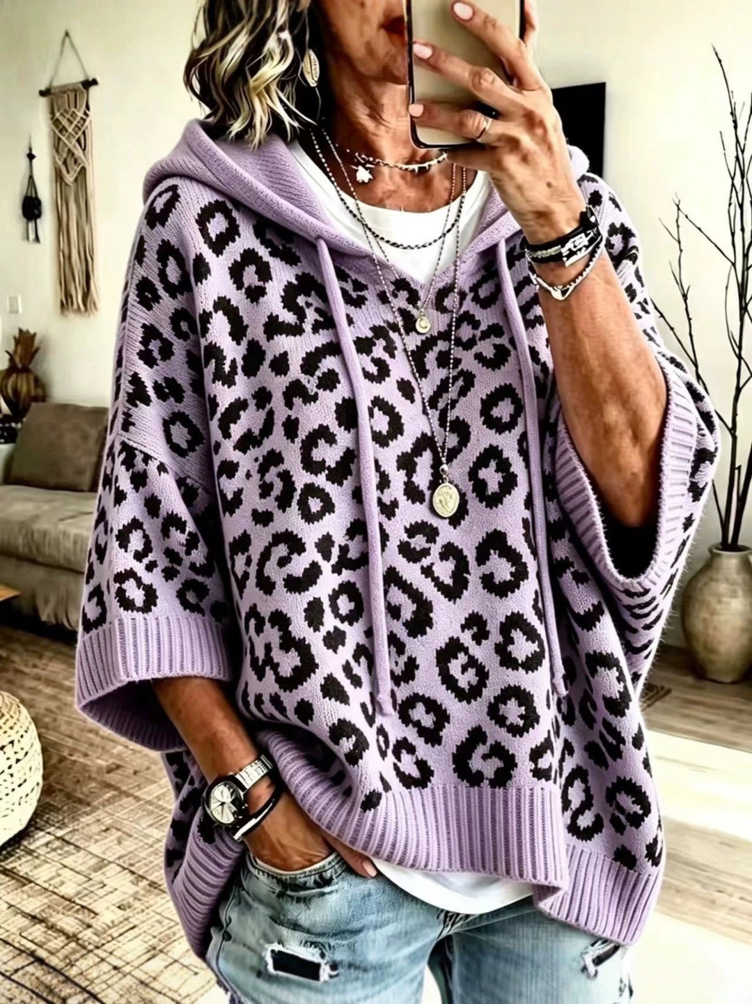 MABEL | LILAC LEOPARD HOOD PONCHO SWEATER