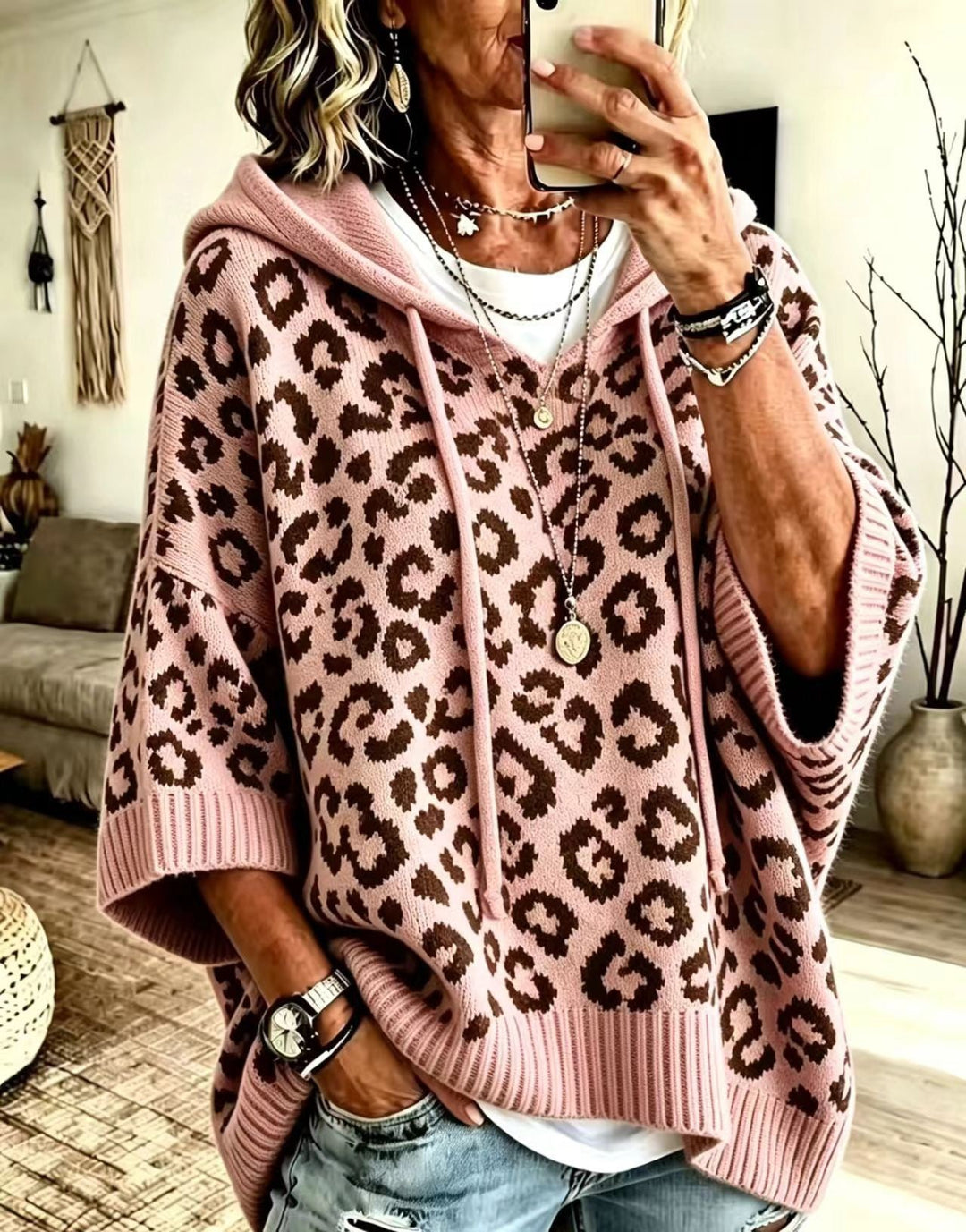MAUD | BLUSH LEOPARD HOOD PONCHO SWEATER