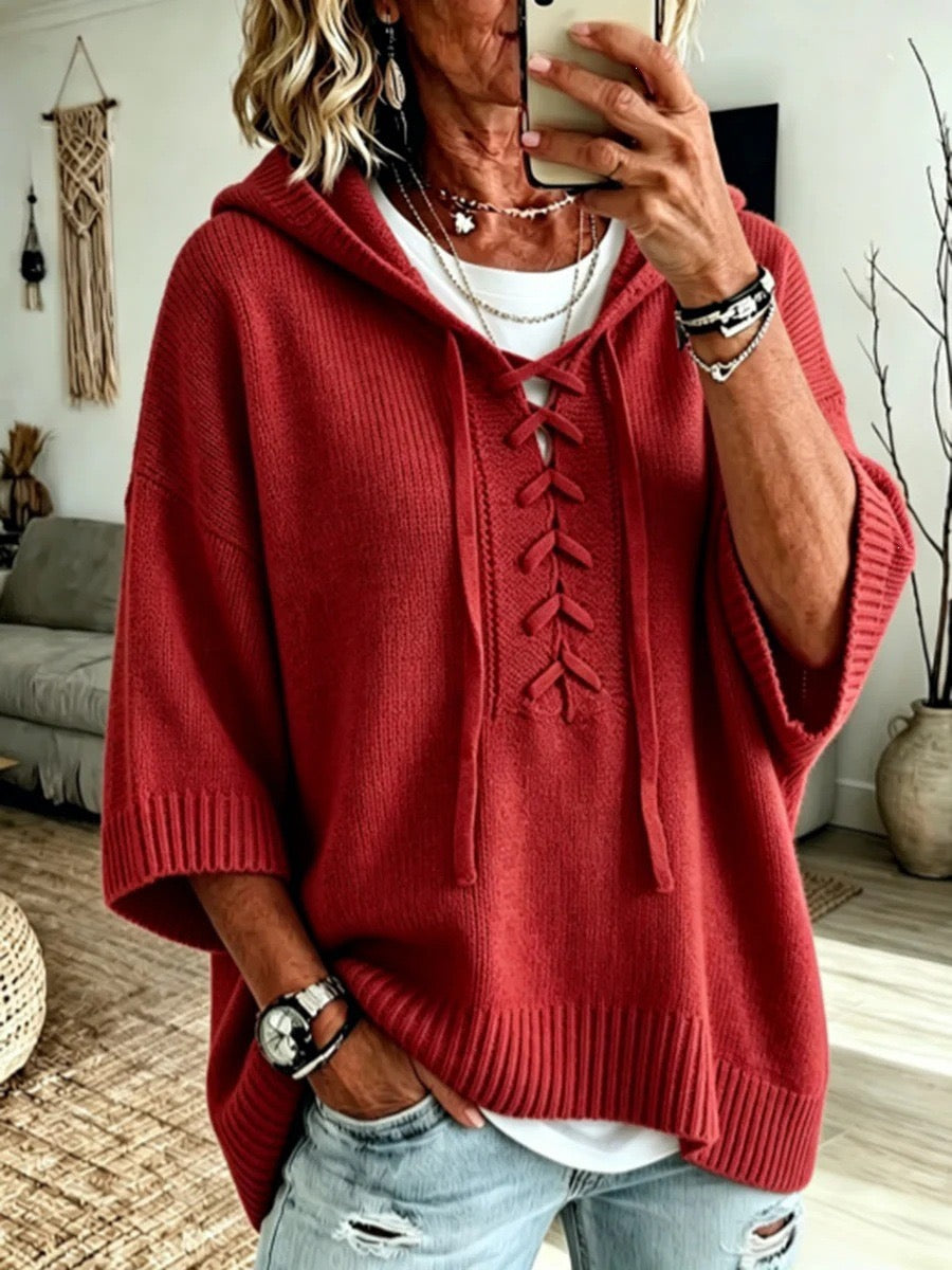 MILDRED | RED LACE-UP HOOD PONCHO SWEATER