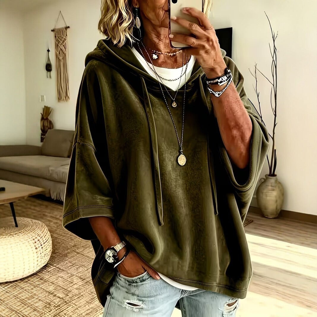 IRIS | OLIVE GREEN PLUSH HOOD PONCHO SWEATER
