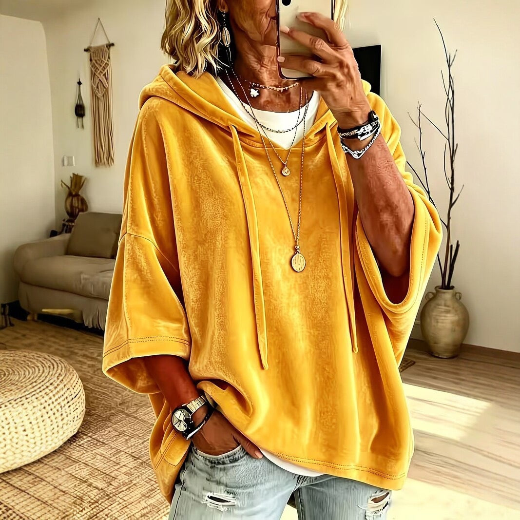 CORNELIA | MUSTARD PLUSH HOOD PONCHO SWEATER