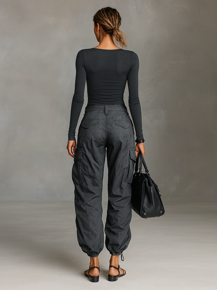 SOPHIE | SQUARE NECK LONG SLEEVE T-SHIRT CARGO PANTS TWO-PIECE SET