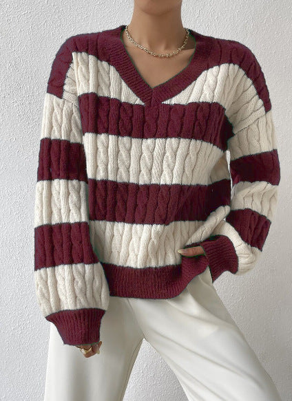 MARIN | STRIPED CABLE KNIT V-NECK BALLOON SLEEVE SWEATER