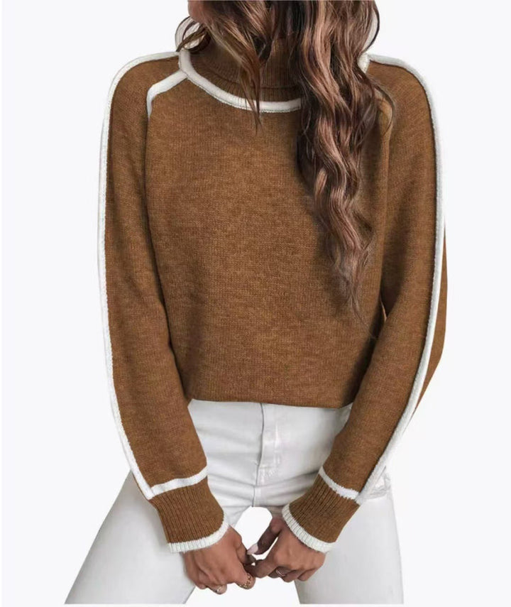 ELENA | WHITE PIPING TURTLENECK RAGLAN SWEATER