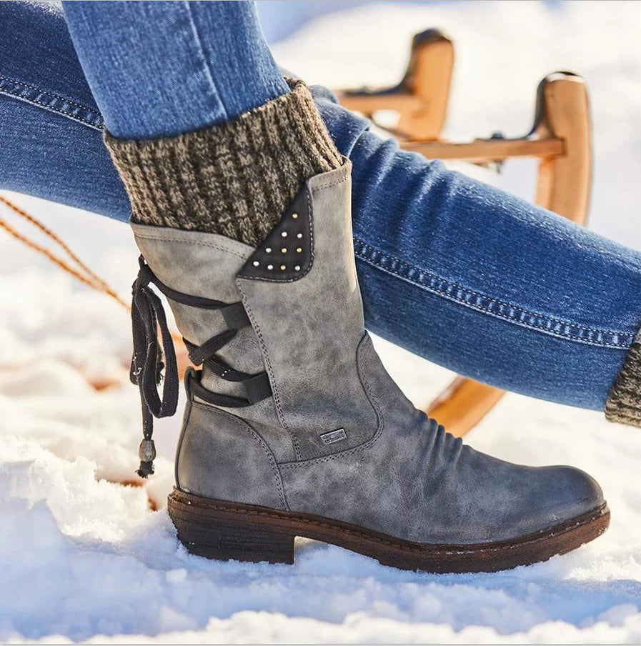 QUINN | KNIT CUFF LACE-UP MID-CALF BOOTS
