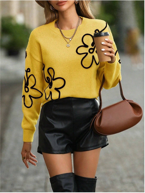 DAISY | FLORAL OUTLINE DROP SHOULDER SWEATER