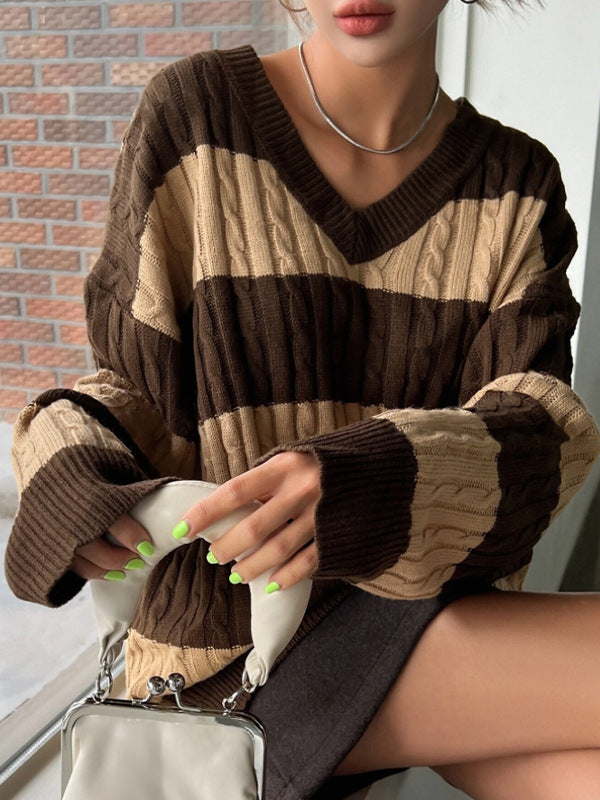 MARIN | STRIPED CABLE KNIT V-NECK BALLOON SLEEVE SWEATER