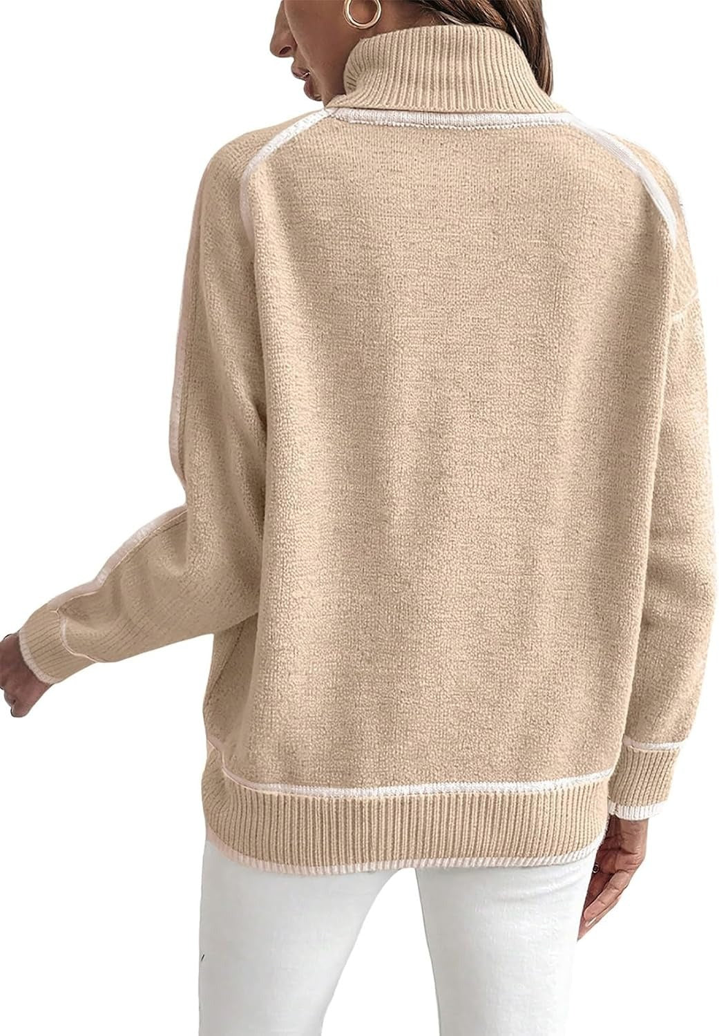 ELENA | WHITE PIPING TURTLENECK RAGLAN SWEATER