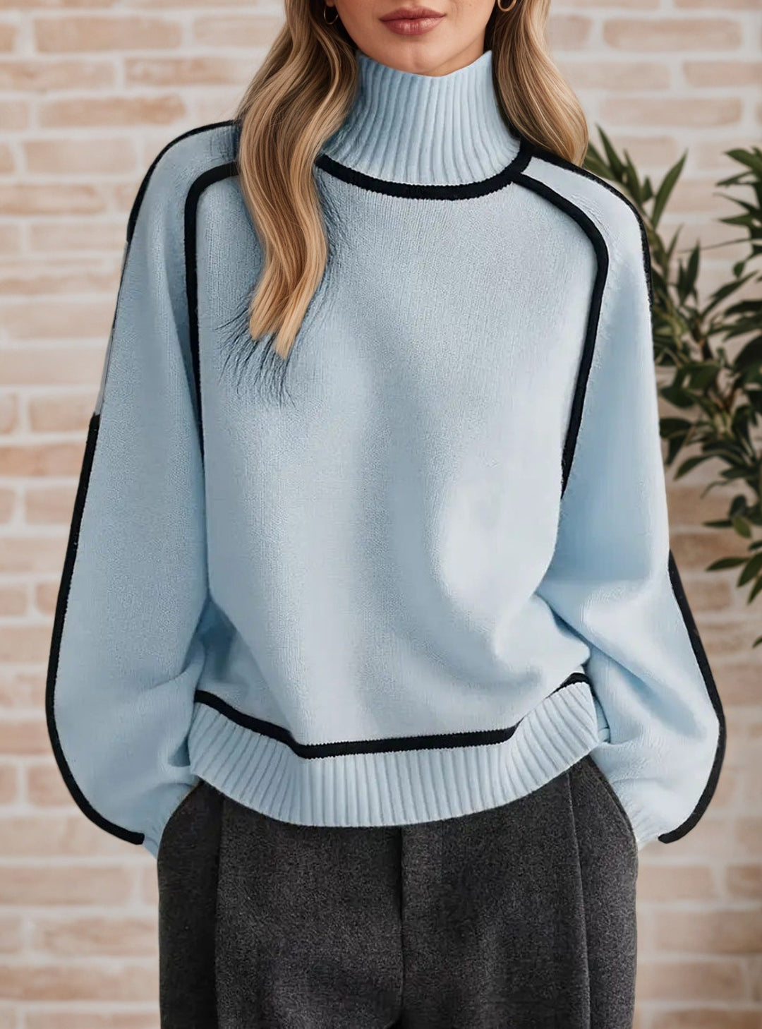 MAYA | BLACK PIPING TURTLENECK RAGLAN SWEATER