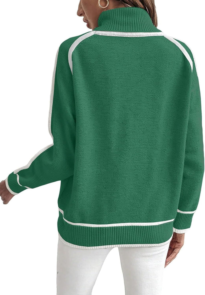 ELENA | WHITE PIPING TURTLENECK RAGLAN SWEATER