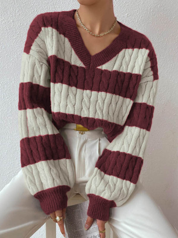 MARIN | STRIPED CABLE KNIT V-NECK BALLOON SLEEVE SWEATER