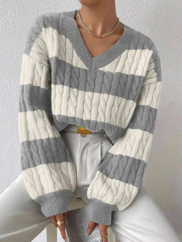 MARIN | STRIPED CABLE KNIT V-NECK BALLOON SLEEVE SWEATER