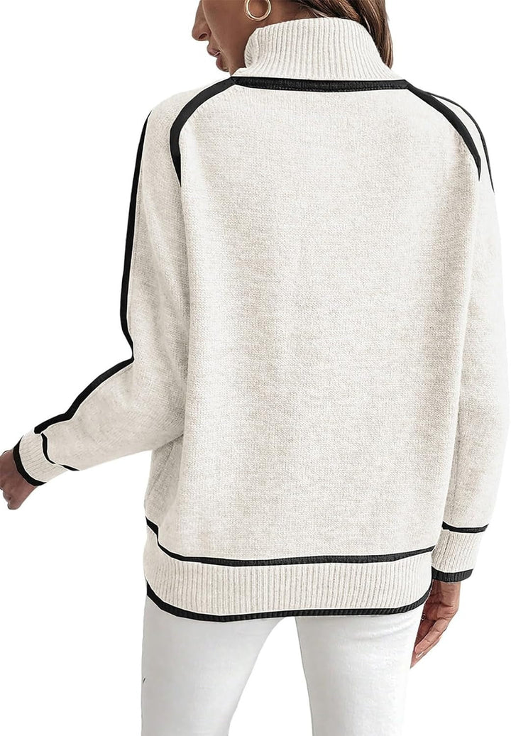 ELENA | WHITE PIPING TURTLENECK RAGLAN SWEATER