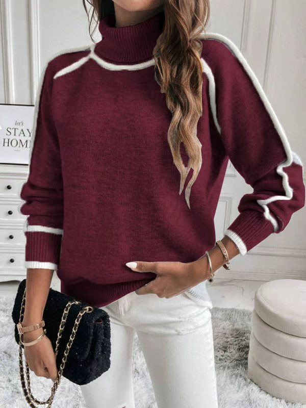 ELENA | WHITE PIPING TURTLENECK RAGLAN SWEATER