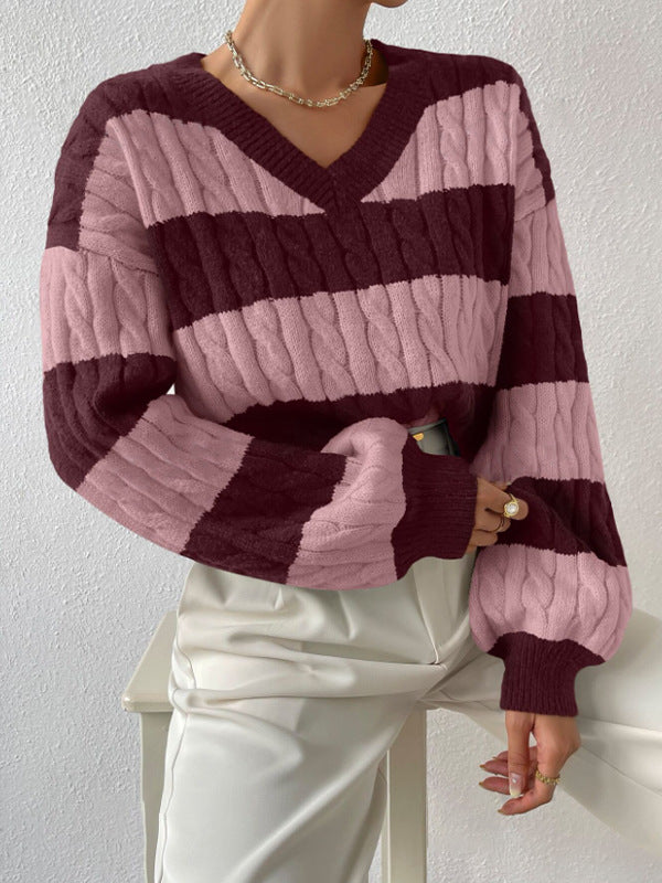 MARIN | STRIPED CABLE KNIT V-NECK BALLOON SLEEVE SWEATER