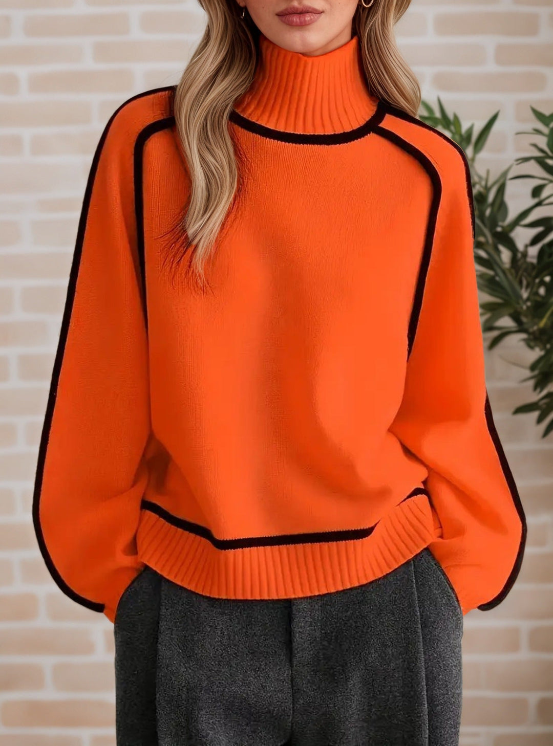 MAYA | BLACK PIPING TURTLENECK RAGLAN SWEATER