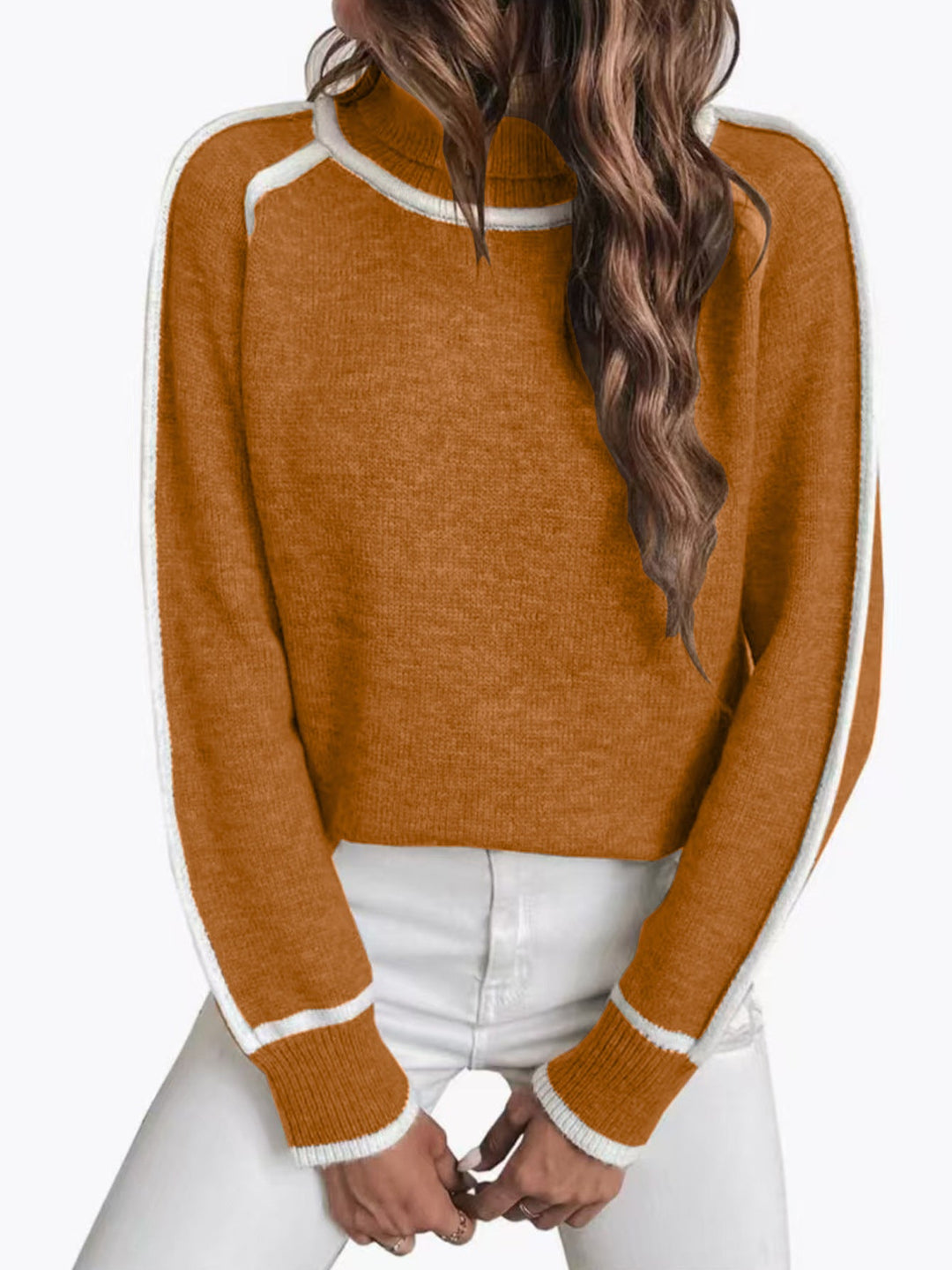 ELENA | WHITE PIPING TURTLENECK RAGLAN SWEATER