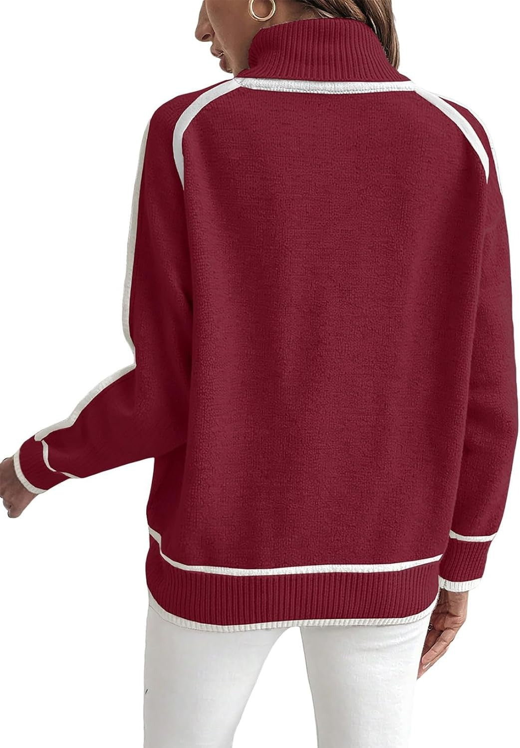 ELENA | WHITE PIPING TURTLENECK RAGLAN SWEATER