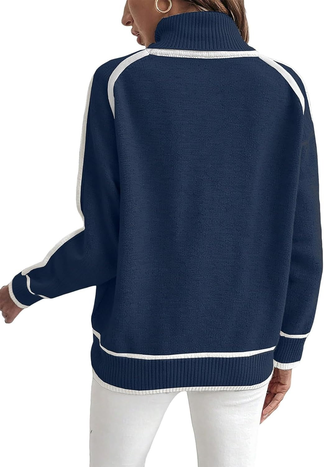 ELENA | WHITE PIPING TURTLENECK RAGLAN SWEATER