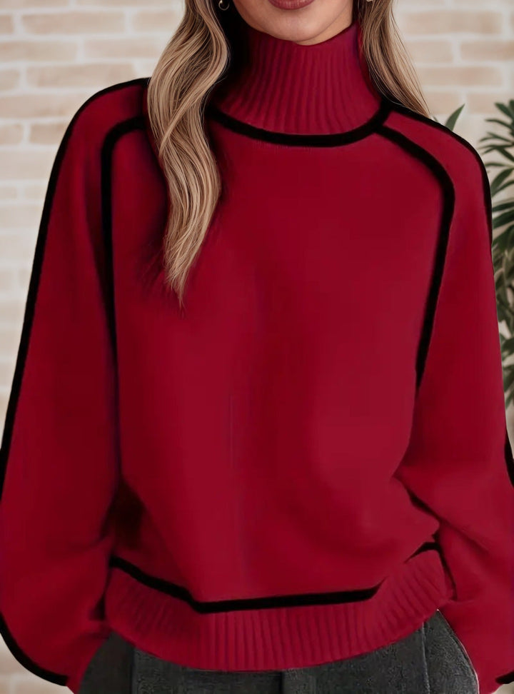 MAYA | BLACK PIPING TURTLENECK RAGLAN SWEATER