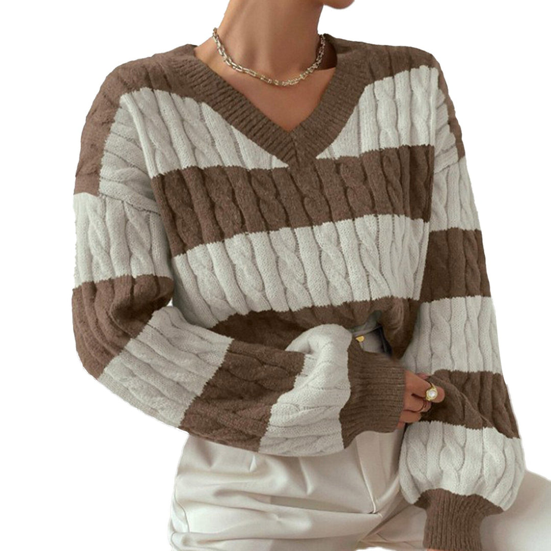 MARIN | STRIPED CABLE KNIT V-NECK BALLOON SLEEVE SWEATER