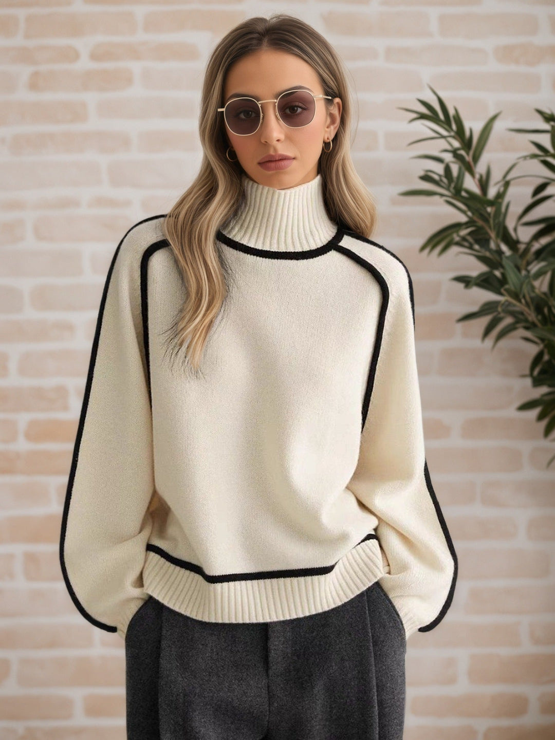 MAYA | BLACK PIPING TURTLENECK RAGLAN SWEATER