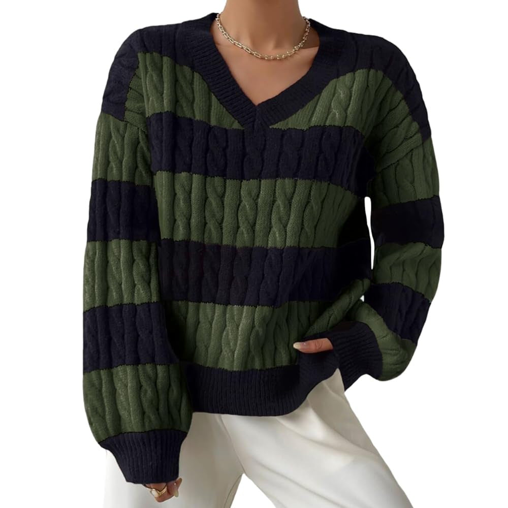 MARIN | STRIPED CABLE KNIT V-NECK BALLOON SLEEVE SWEATER