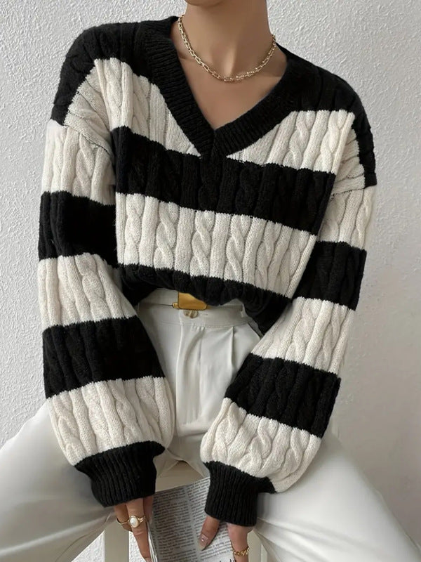 MARIN | STRIPED CABLE KNIT V-NECK BALLOON SLEEVE SWEATER