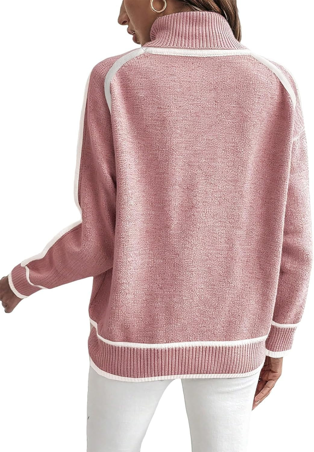 ELENA | WHITE PIPING TURTLENECK RAGLAN SWEATER